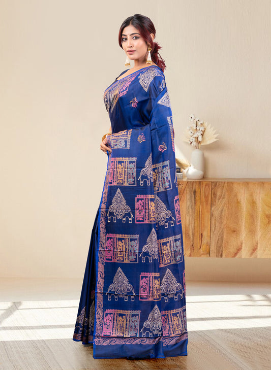 PURE BISHNUPUR KATAN SILK SAREE IN INK BLUE COLOR WITH MULTICOLOR HANDPAINTED DESIGN