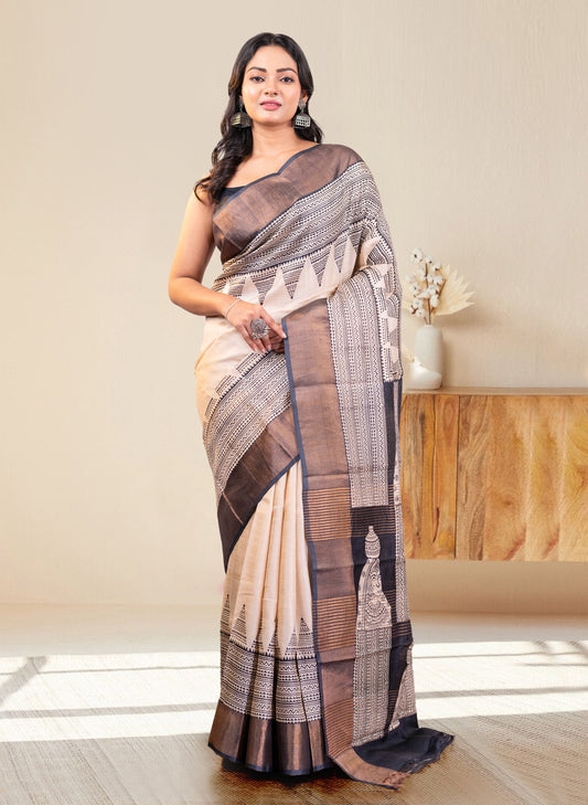 PURE HANDWOVEN TUSSAR SILK SAREE IN OFFWHITE COLOR WITH BLACK HANDPAINTED MOTIFS