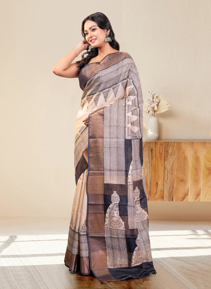 PURE HANDWOVEN TUSSAR SILK SAREE IN OFFWHITE COLOR WITH BLACK HANDPAINTED MOTIFS