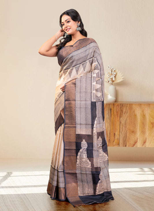 PURE HANDWOVEN TUSSAR SILK SAREE IN OFFWHITE COLOR WITH BLACK HANDPAINTED MOTIFS