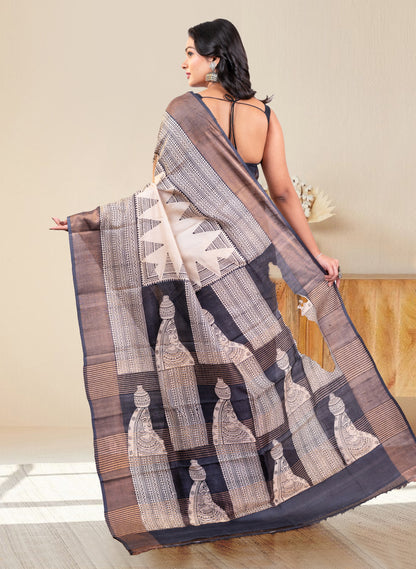 PURE HANDWOVEN TUSSAR SILK SAREE IN OFFWHITE COLOR WITH BLACK HANDPAINTED MOTIFS