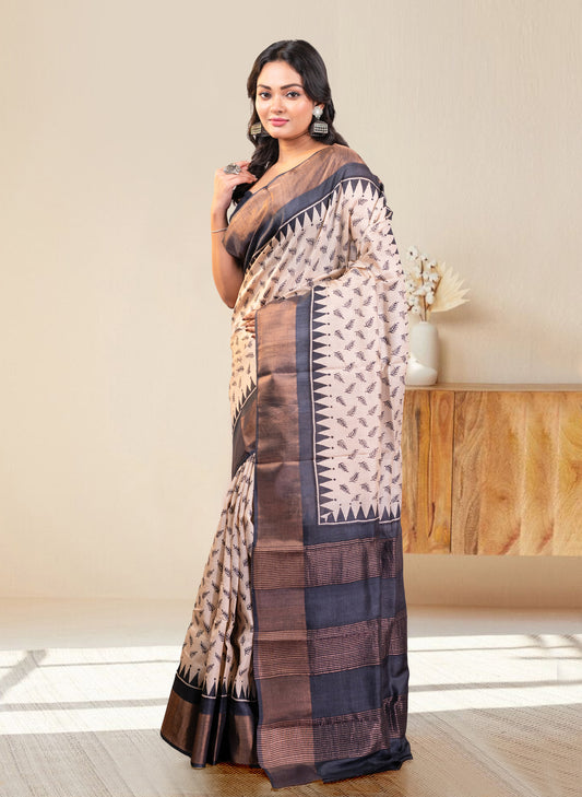 PURE HANDWOVEN TUSSAR SILK SAREE IN OFFWHITE COLOR WITH BLACK HANDPAINTED MOTIFS AND ZARI BORDER