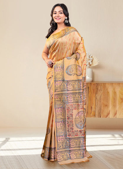 PURE BISHNUPUR KATAN SILK SAREE IN BEIGE COLOR WITH MULTICOLOR HANDPAINTED DESIGN