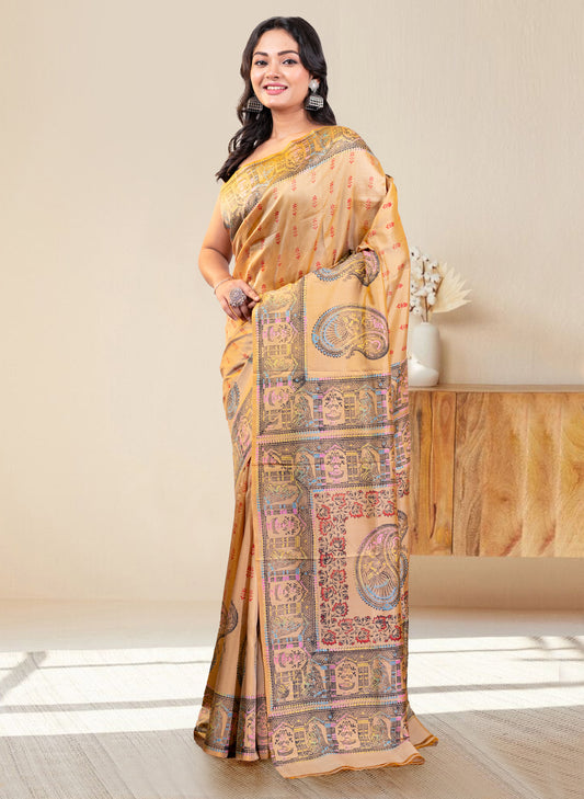 PURE BISHNUPUR KATAN SILK SAREE IN BEIGE COLOR WITH MULTICOLOR HANDPAINTED DESIGN