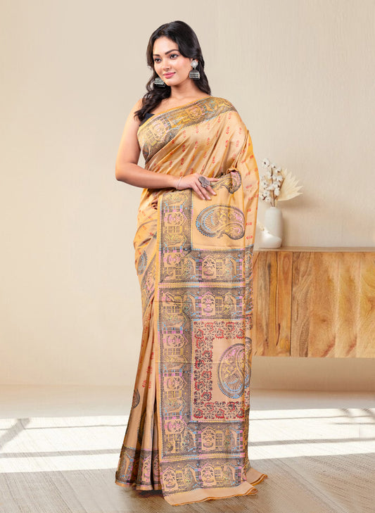 PURE BISHNUPUR KATAN SILK SAREE IN BEIGE COLOR WITH MULTICOLOR HANDPAINTED DESIGN