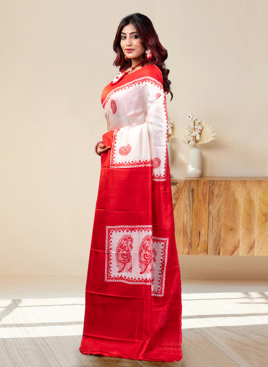 PURE BISHNUPUR KATAN SILK SAREE IN WHITE COLOR WITH RED HANDPAINTED DESIGN