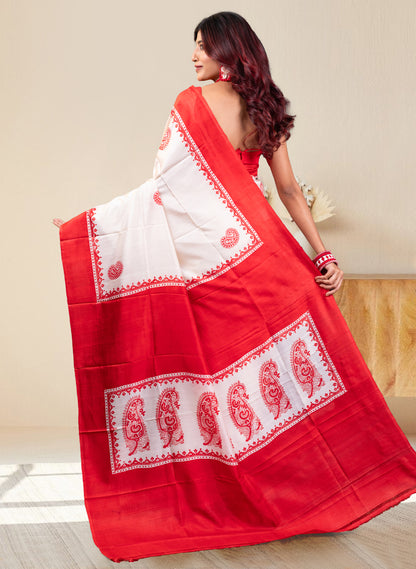 PURE BISHNUPUR KATAN SILK SAREE IN WHITE COLOR WITH RED HANDPAINTED DESIGN
